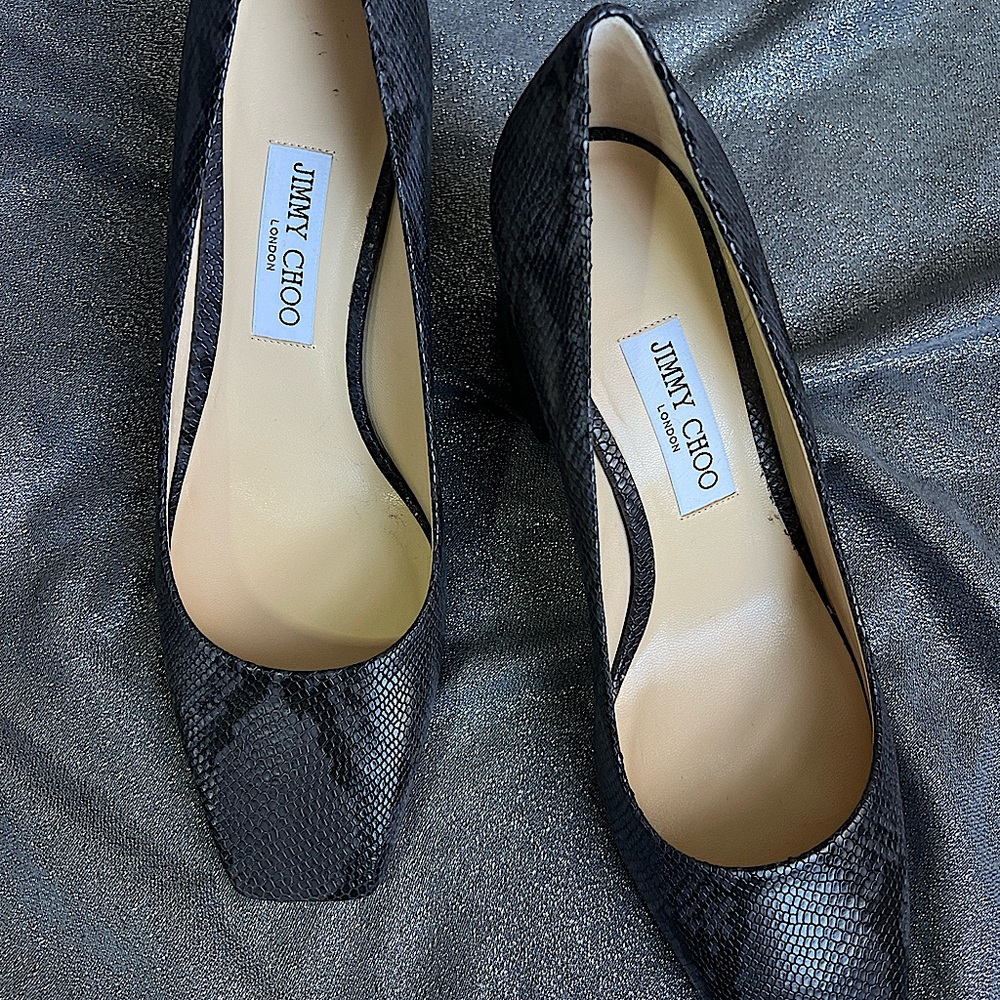 Jimmy Choo Diane 65: Square Toe Chunky Heel Pumps - Snake Printed Leather
